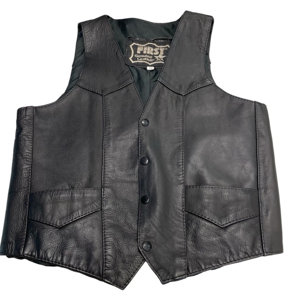 VTG First Genuine Leather Mens Sz 36 Black Leather Snap Motorcycle Vest Patina - Picture 5 of 8